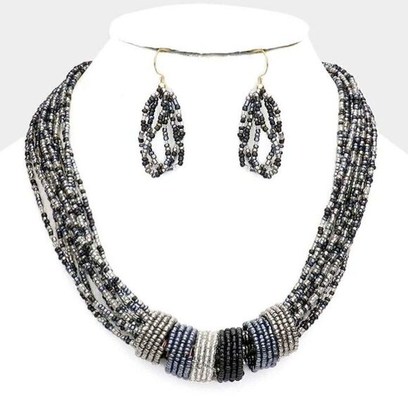 Multi Strand Black Seed Beaded Necklace Set - Picture 5 of 7